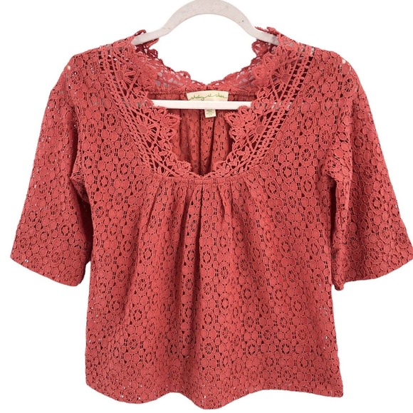 Staring at Stars Womens Size XS Crochet Lace Blouse 3/4 Sleeve Coral Pullover - Picture 9 of 9